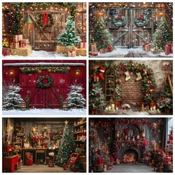 Christmas Backdrop for Photography Wood Door Barn Christmas Tree Fireplace Window Xmas Kids Family Party Photo Background Decor