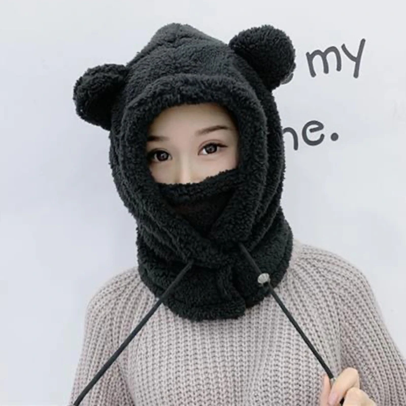 Plush Bear Balaclava With Ears Mask Hat With Earflaps Cute Children\'s Thicken Warm Winter Hats For Women Girl Bonnet Female Hood