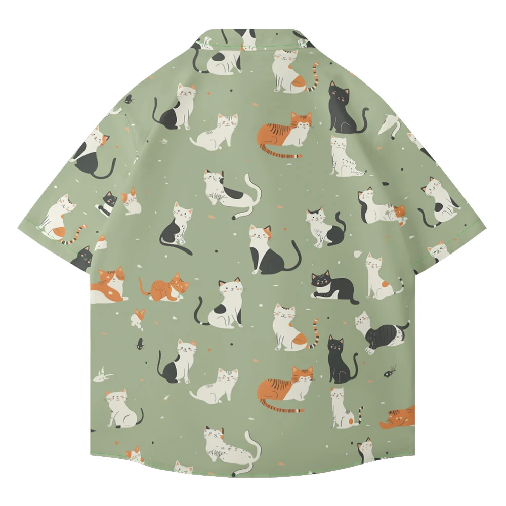 Camisa de manga curta masculina fofa, camiseta de lapela fina, estampa de gatinho animal, blusa solta tamanho grande, estilo casual simples, verão