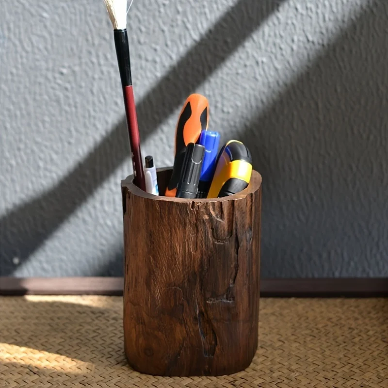 Rural Style Wooden Pen Holder, Traditional Chinese Carving Design, Solid Wood Office Desk Organizer, Desktop Accessory Storage