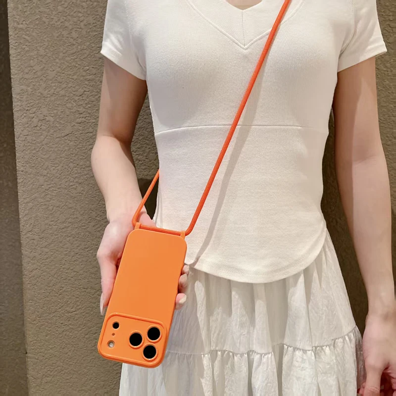 Tragbare und minimalistische einfarbige Handyhülle mit Lanyard für iPhone 17 Pro Max 13 14 15 16 – stoßfest und schützend