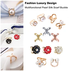 Camellia Flower Pearl Scarf Clip Brooch Adjustable Silk Scarf Clasp Ring Shawl Holder for Women Scarf Accessories