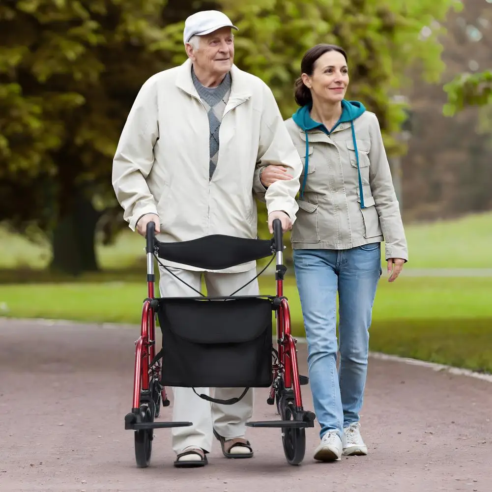 Andadores para personas mayores ajustables en altura mejorados, andador de 4 ruedas con asiento y frenos, ayuda para caminar liviana y plegable, rojo