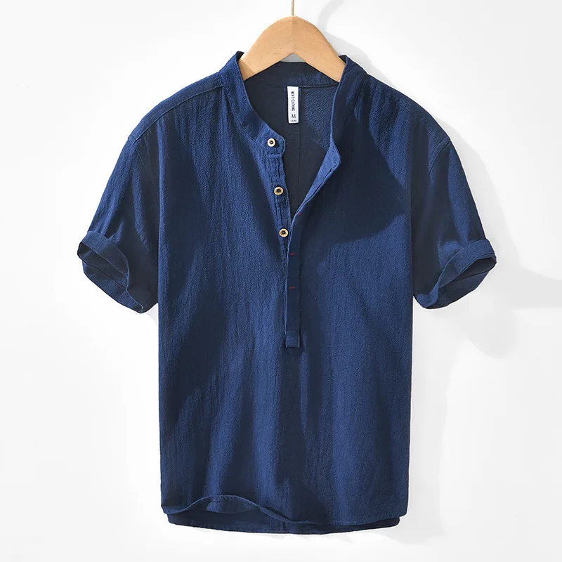 Men's Linen Blend Short‑Sleeve Henley Shirt, Stand Collar Half Placket Pullover Casual Top, Lightweight Summer Shirt for Men