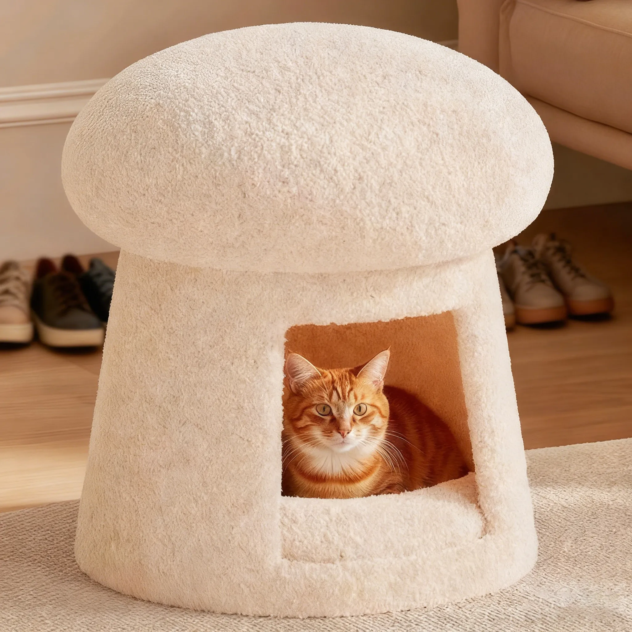 Mushroom‑Shaped Lamb Fleece Low Stool, Cute Round Footrest Vanity Stool for Kids Room Bedroom Entryway Home Decor
