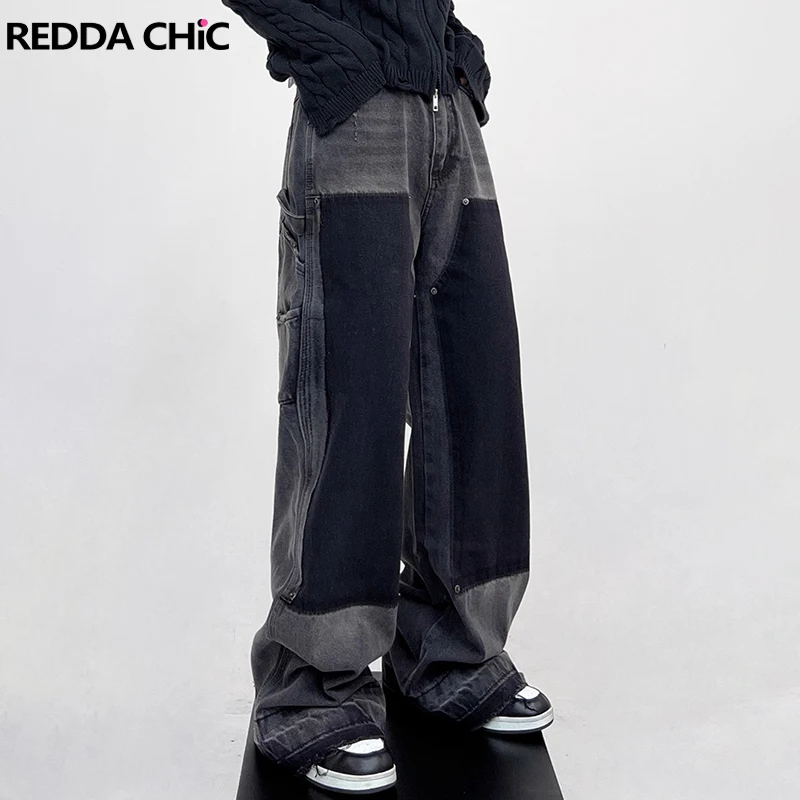 

REDDACHIC Retro Black Whiskers Baggy Jeans Men Studded Stitch Frayed Cleanfit Low Rise Wide Straight Trousers Hiphop Streetwear
