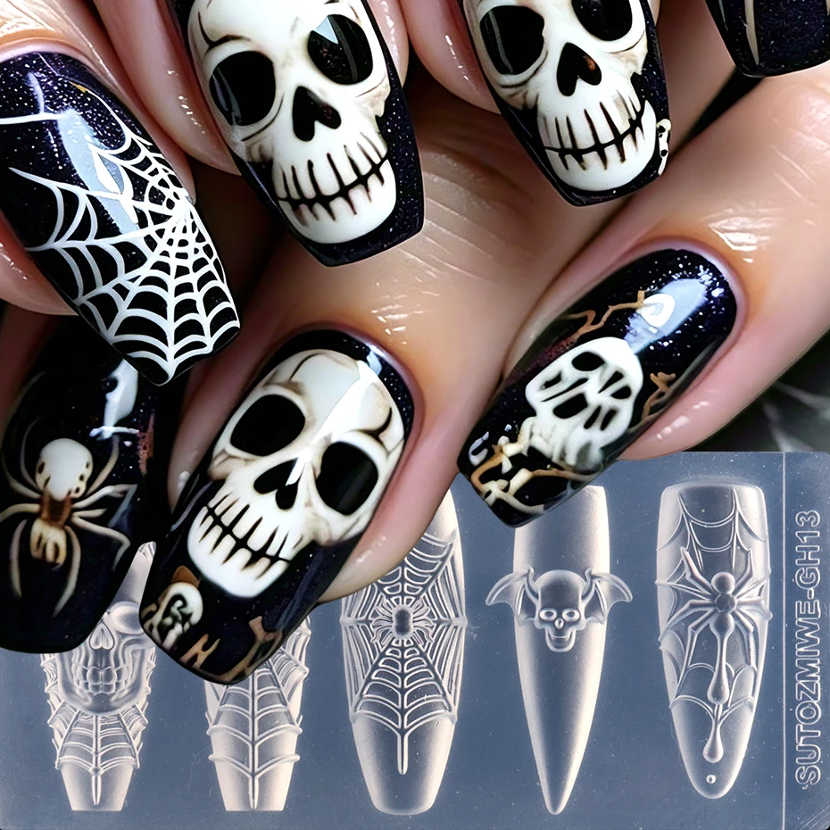 3D Totenkopf Fledermaus Spinnennetz Nagel-Silikonform Halloween Gothic Nagelkunst-Form Skelett Nagel-Charms Dekorationen Vorlage Nagelform – Detail 5