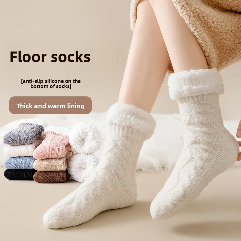 

Lamb Fleece Socks Women Plush Lined Indoor Home Sleeping Warm Slipper Socks Non Slip Cozy Thermal Lounge Maternity Postpartum