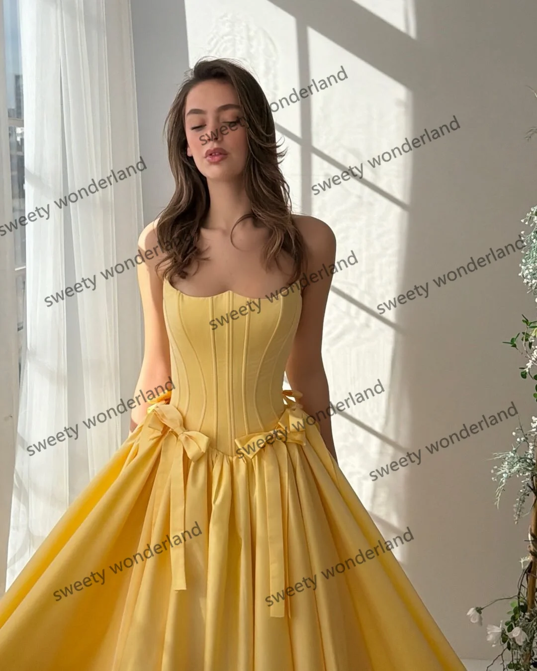 Yellow Strapless Corset Evening Dresses Bow Sash Pleat Exquisite Satin Prom Dress Elegant Party Gown Gala Vestidos Customized