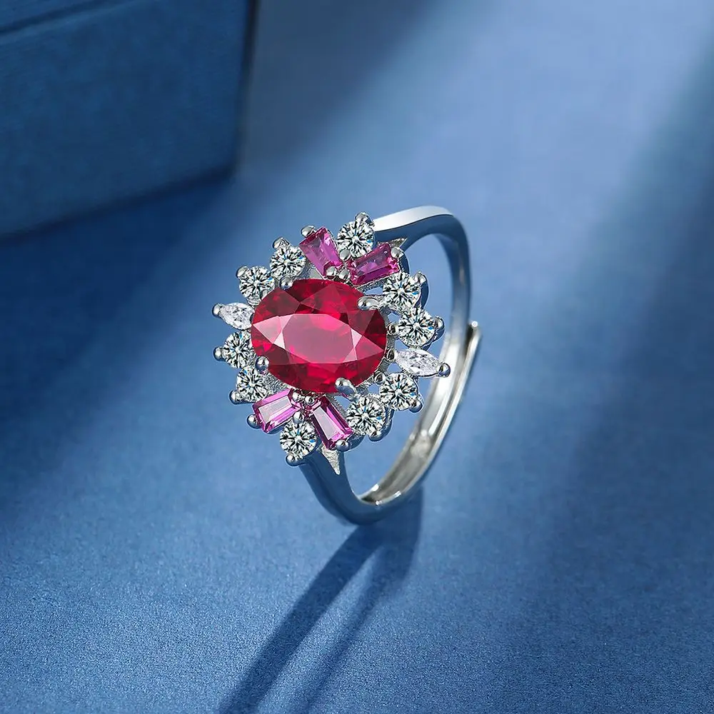 

925 Sterling Silver Oval 8*10 MM Ruby High Carbon Diamond Gemstone Vintage Women Ring Wedding Engagement Jewelry