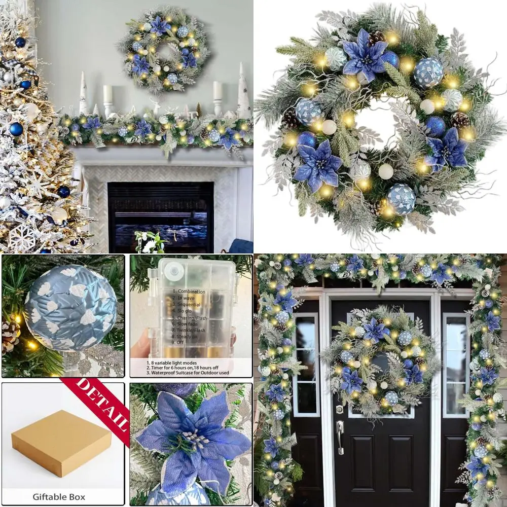 

24 Silver & Blue Lighted Christmas Wreath with 30 LED Lights, Poinsettias, Pine Cones & Ball Ornaments for Front Door