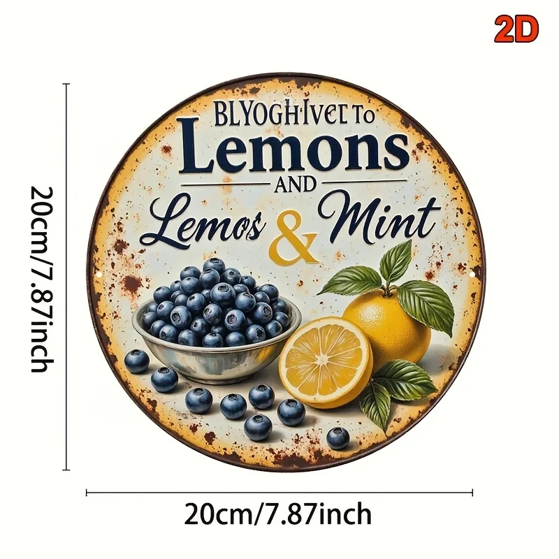[2D Flat] Vintage Blueberry, Lemon & Mint Aluminum Sign - 8X 8inch Round Wall Art, Suitable for Country-Style Decor in Kitchens, Bars, Cafes, and Bakeries.