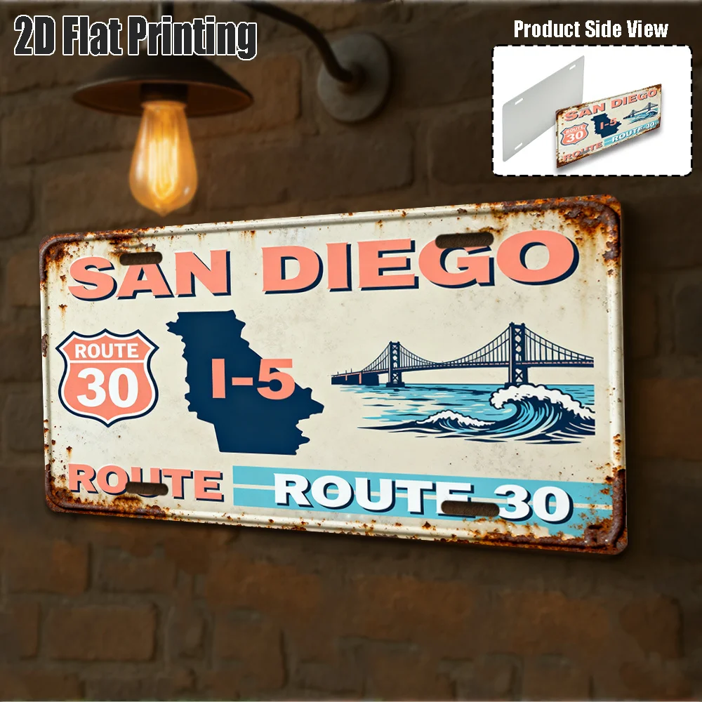 2D Flat, San Diego-Themed Vintage Metal License Plate & Wall Art Sign Heavy-Duty Aluminum Retro California License Plate Frame view 4
