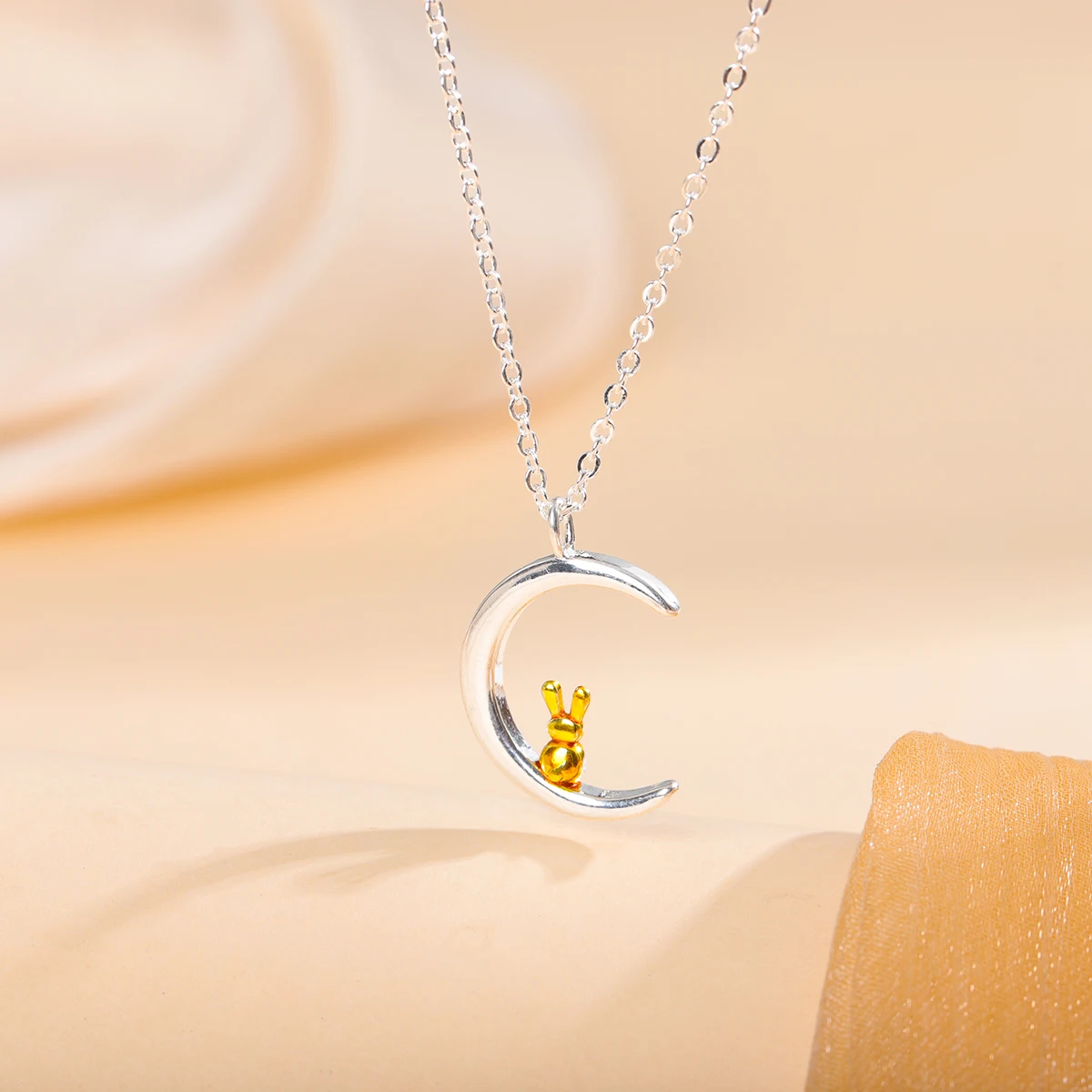 Cute Animal 925 Sterling Silver Rabbit Moon Clavicle Chain Pendant Necklaces