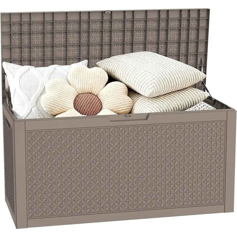 

Коробка для хранения на открытом воздухе, 100 галлонов - запираемый ящик для хранения патио, водонепроницаемая смоляная уличная скамейка для хранения мебели, садовая футболка