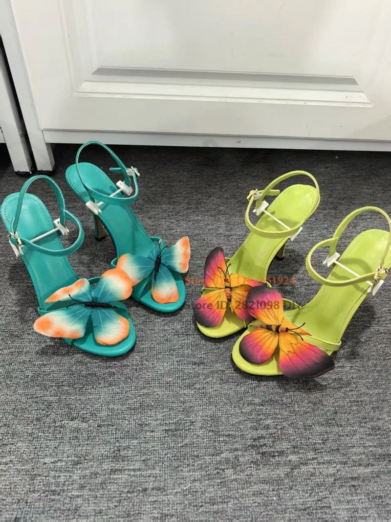 Imagen Real, decoración de flores y mariposas, sandalias finas de tacón alto para mujer, zapatos con correas con hebilla, sandalias amarillas y azules para mujer