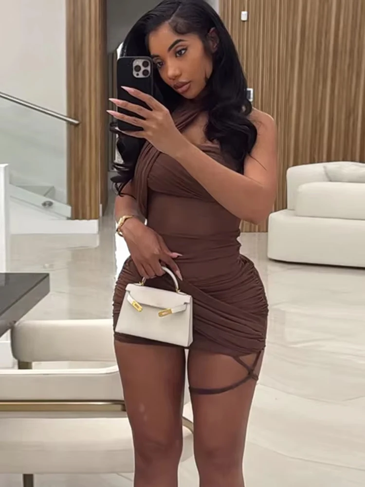Weird Puss See Through Sexy Women Dress Y2K Cross Bandage Backless Halter Sleeveless Summer Trend Midnight Clubwear Mini Bodycon