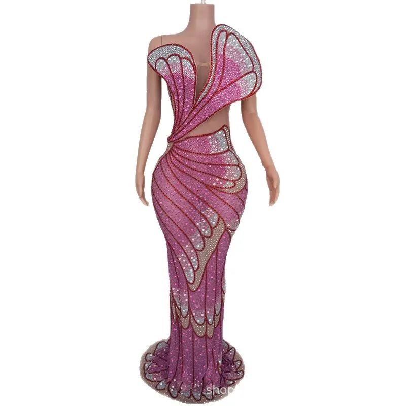 

2025 High Sense Rose Red Three-dimensional Feather Sequined Fishtail Skirt Banquet Host Dress Adult Model Catwalk Trendy Clothes