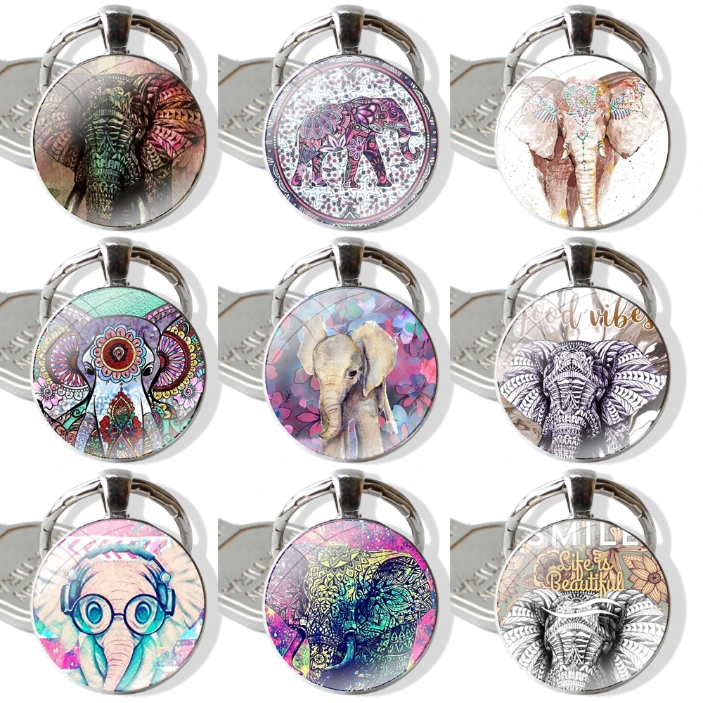 25mm Glass Cabohcon Keychain Key Rings for Women Men Jewelry Gift Indian Animal Elephant Totem