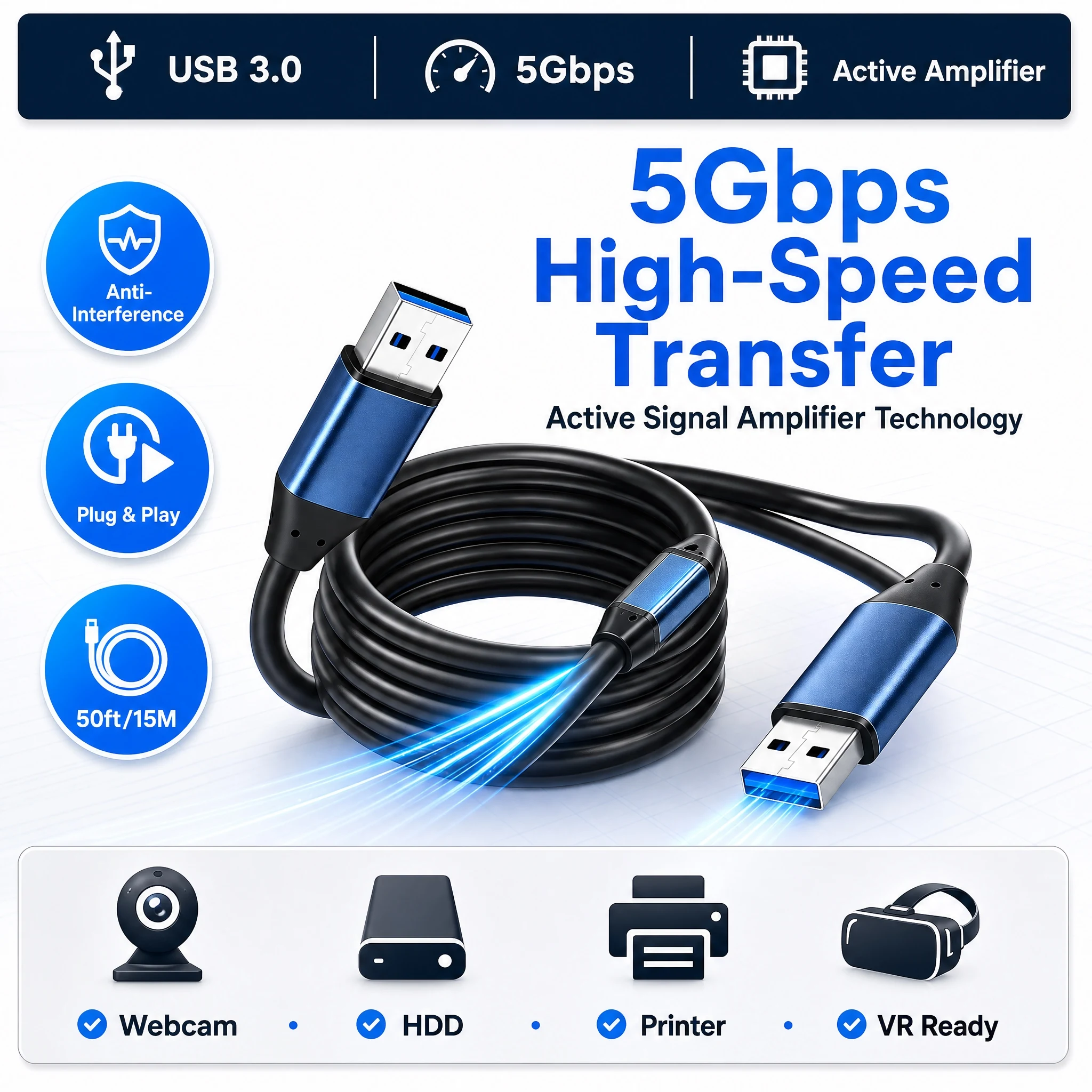 USB 3.0 Extension Cable 5Gbps Ultra High Speed Signal Enhancement Male To Male USB 3.0 Data Cable 5M 10M 15M 20M 30M Long Cable