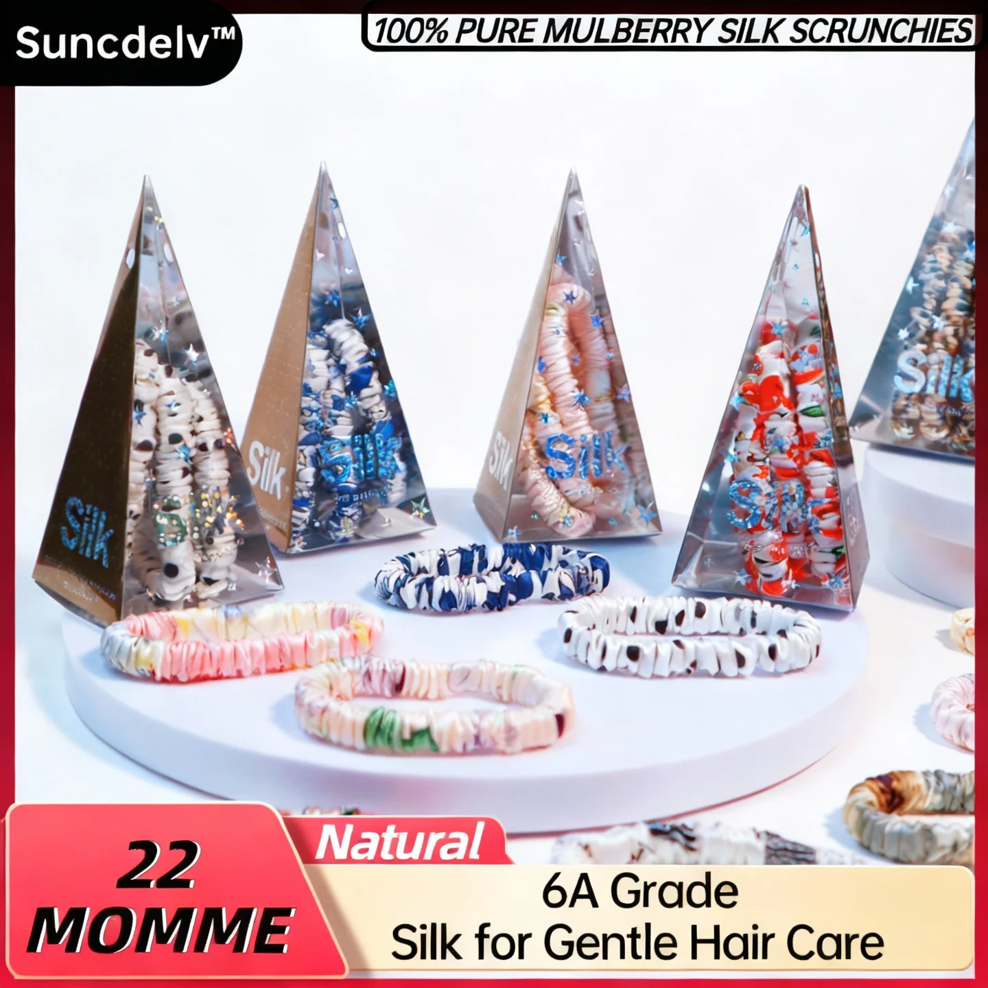 [22 Momme] 3 قطع من ربطات الشعر المطبوعة بالحرير التوت النقي بنسبة 100%، صديقة للبشرة ومرونة متينة، مناسبة لجميع أنواع الشعر.