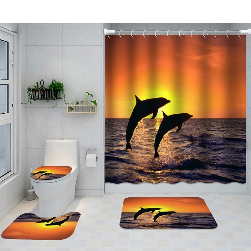 

Ocean Beach Shower Curtain Sets Non-Slip Rugs Toilet Cover Bath Mat Seaside Ocean Waves Sunset Dolphin Bath Curtains with Hooks