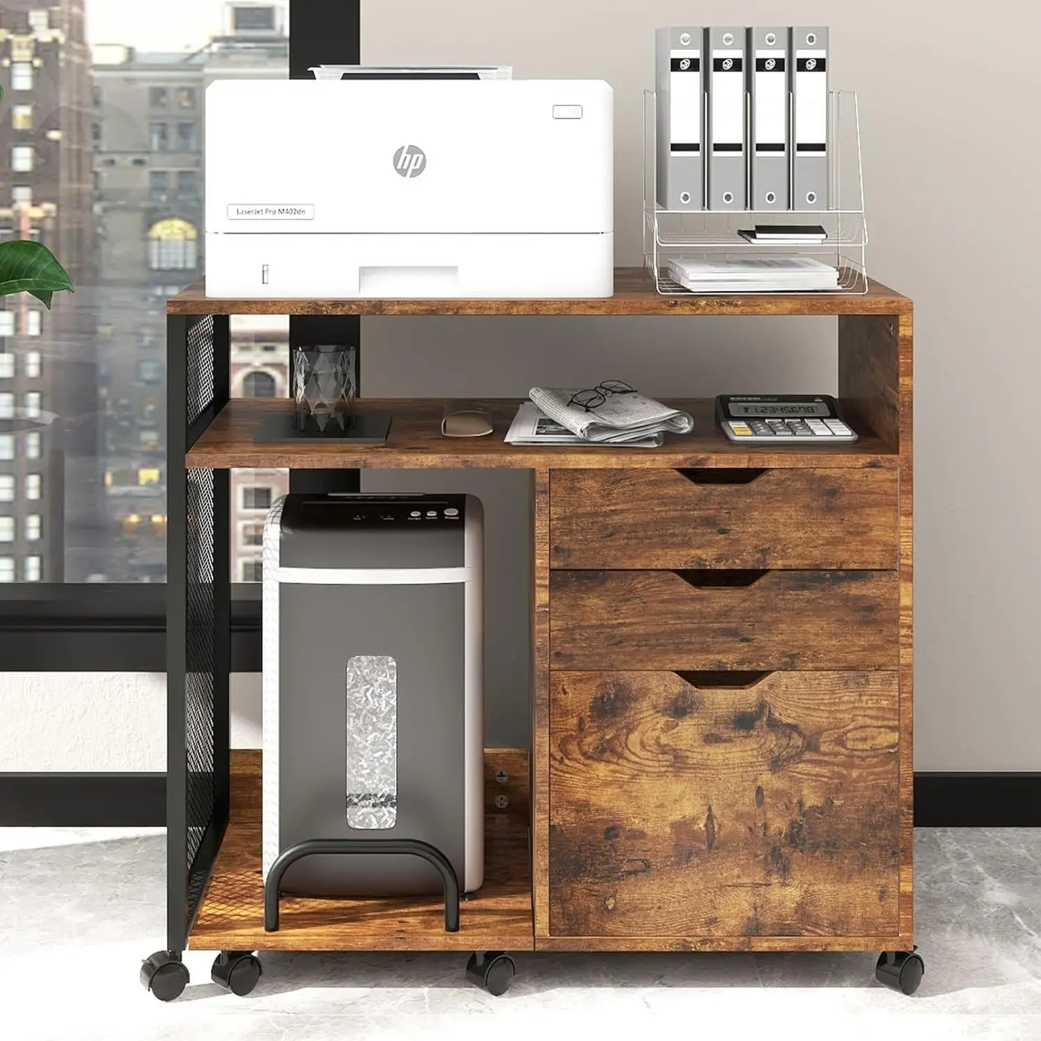 Home office mobile three-pump file cabinet with A4 paper hanging labor clip printer storage bracket wooden cabinet