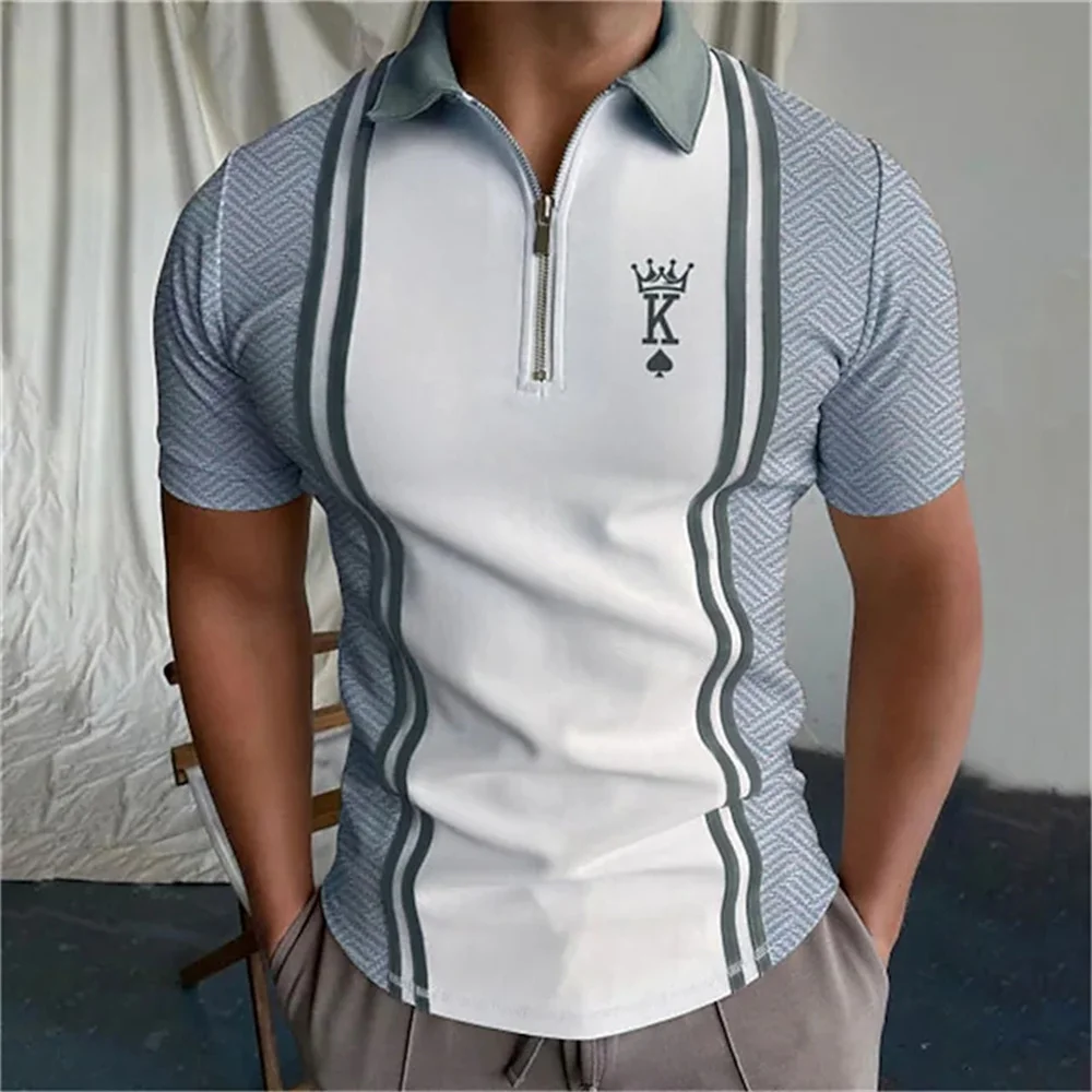 Camisetas de póker para hombre, Camisa lisa de manga corta con cuello vuelto, con cremallera y letras de Golf, holgada y transpirable