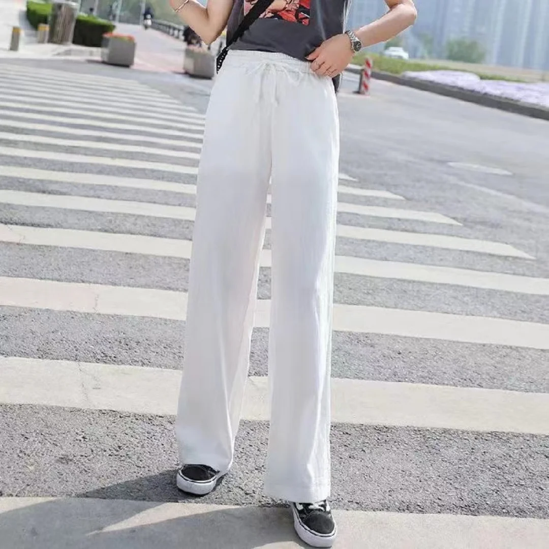 Plus size Women Ankle-Length Wide Leg Pants Casual Summer Solid Elastic Waist Loose Ice Silk Pants Spring Summer Female Trousers image 6