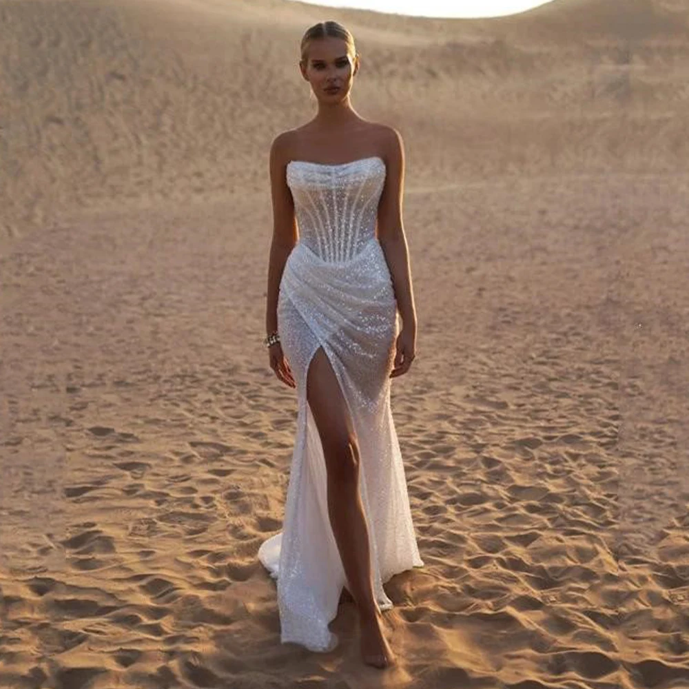

Customized Beach Strapless Mermaid Shiny Wedding Dress Sequined Sleeveless Sexy High Side Slit Bridal Dress Backless Gown