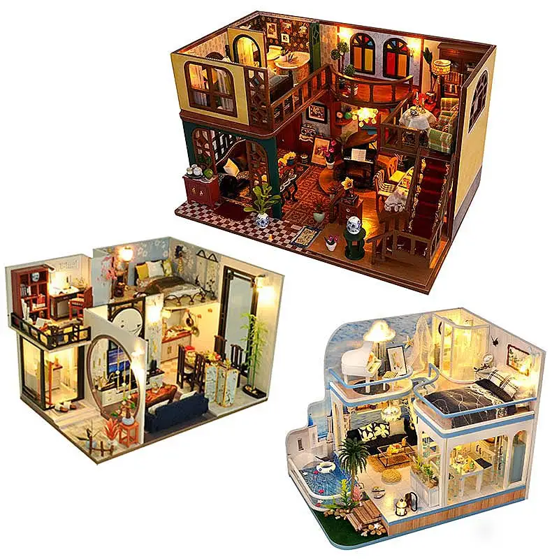 DIY Doll House Wooden Doll Houses Miniature Dollhouse Furniture Diorama Kit with LED Toys for Children 2024 Best Gift