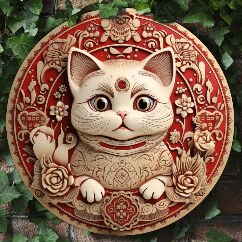 

Auspicious Aluminum Cat Sign, 2D Round Wreath Decor, Fortune Cat Theme for Home, Office, Garden, Room Decoration, Christmas Gift