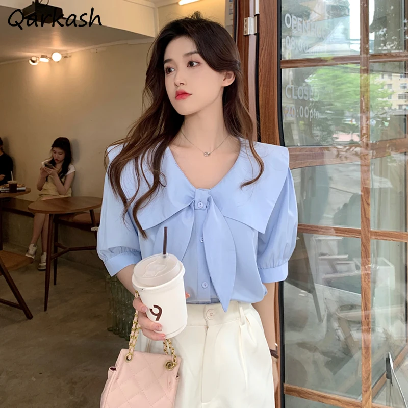 Shirts Women Sailor Collar Kawaii Elegant Leisure French Style Stylish Ins Solid Soft Летние Chemise Femme All-match Students