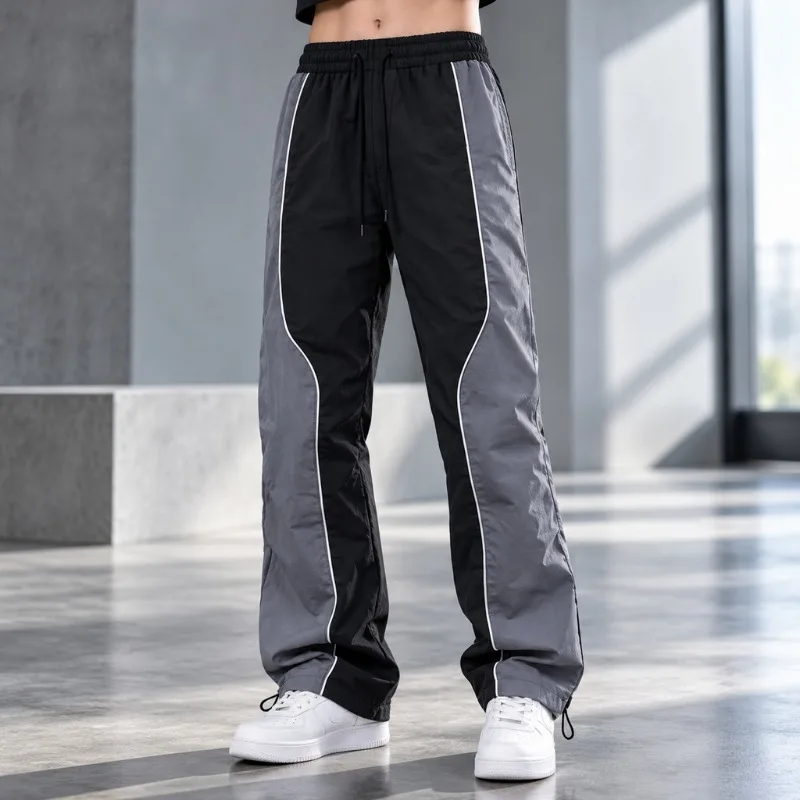 Men Women Unisex Quick Dry Color Block Pants Loose Straight Leg Trousers Outdoor Hip Hop Streetwear Drawstring Sweatpants Male