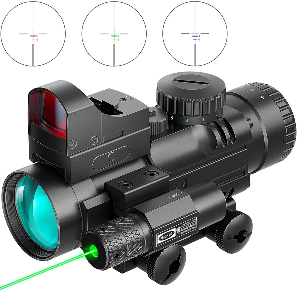 4X32 Prism Rifle Scope Combo with 3MOA Red Dot Sight and Green Laser RGB Illuminated Rangefinder Scope Combo for Airsoft Rifle