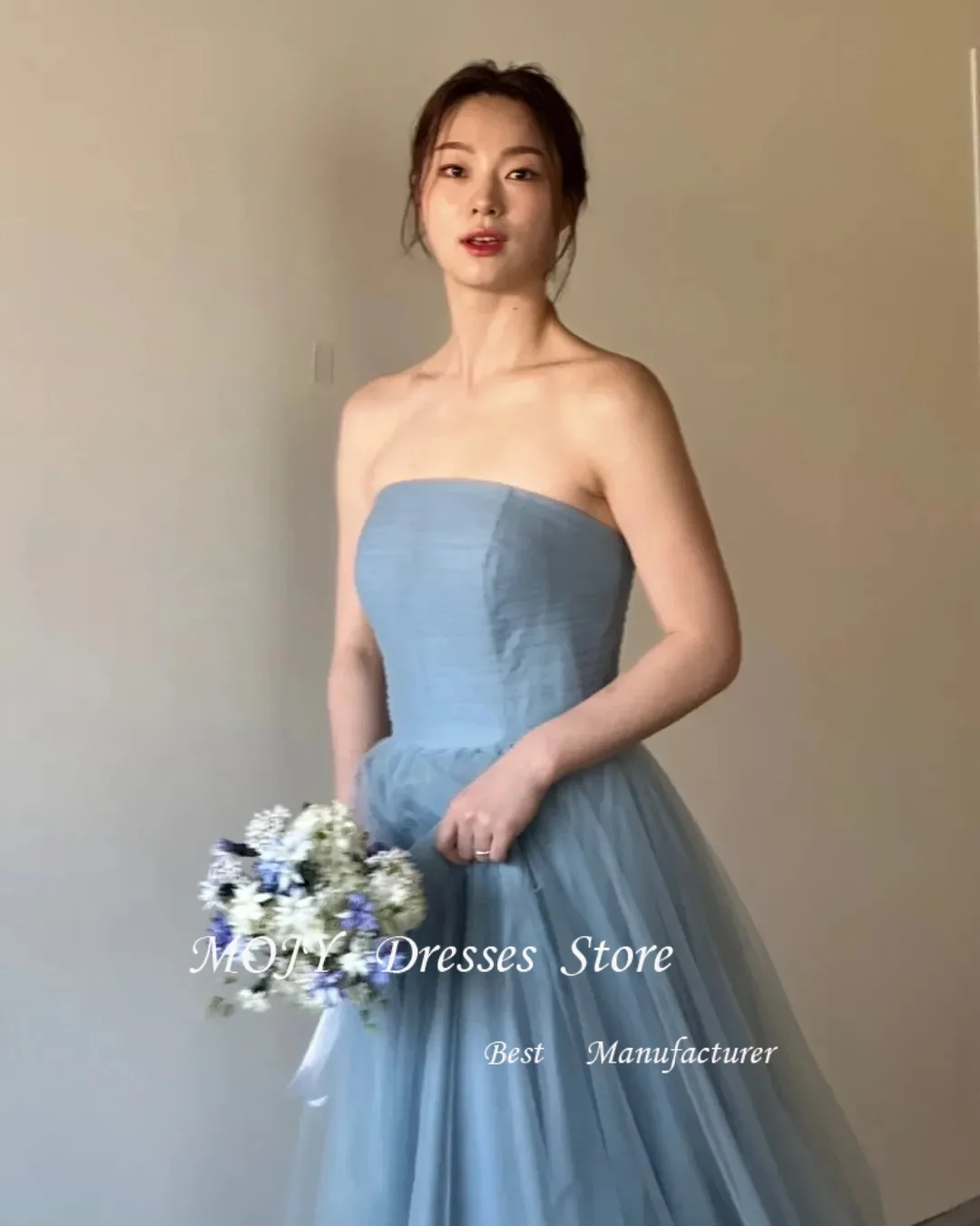 

Mojy Simple Soft Tulle Korea Princess Prom Dresses Strapless Lace Up Evening Gowns Wedding Photo shoot Floor Length Customized
