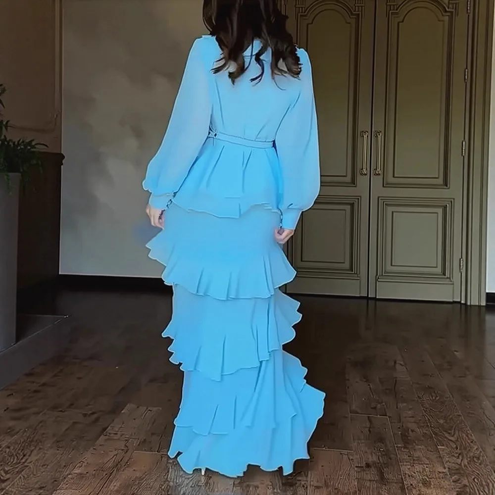 Estilo francês strass em torno do pescoço lanterna manga assimétrico vestido com zíper voltar em camadas plissado chiffon vestido de noite com cinto