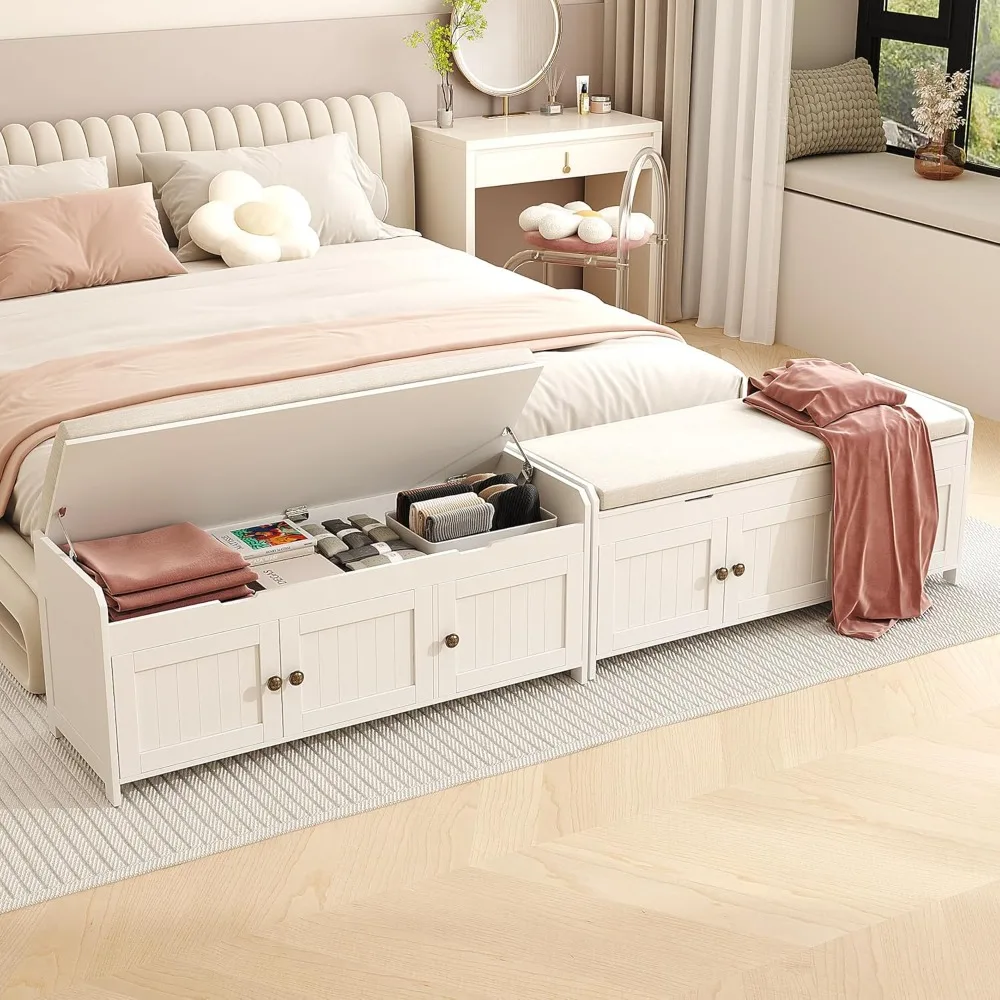 Wooden End of Bed Bench, Shoe Cabinet Bench with Hidden Storage Space, for Bedroom, Hallway(White)