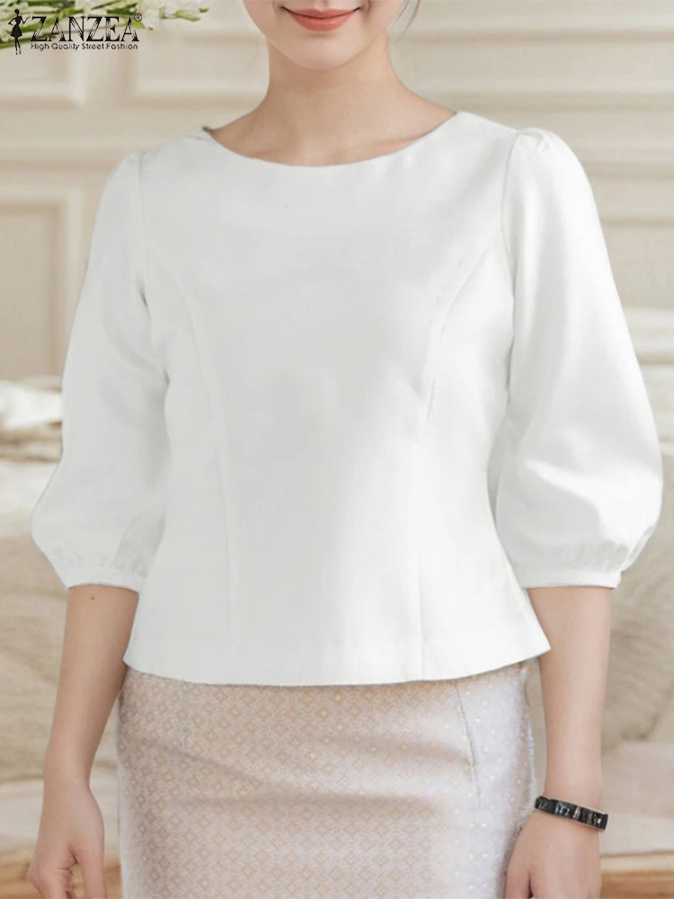 

ZANZEA Fashion Women Blouses 2025 Autumn 3/4 Lantern Sleeve Satin Shirts Elegant Office Lady Tunic Tops Solid OL Korean Blusas