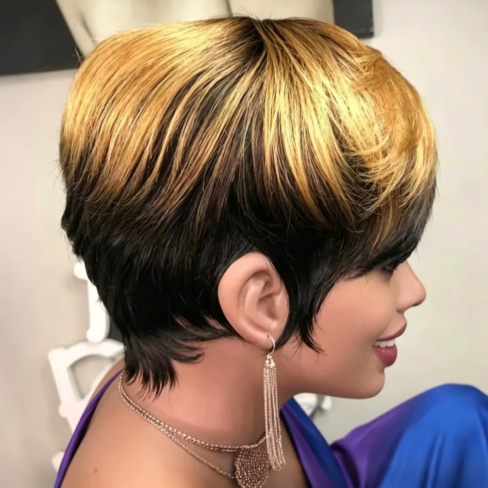 Short Pixie Cut Wigs With Bangs Highlight Black Blonde Ombre 1B/4/27 150% Density Real Human Hair Machine Made Fashion Wigs For