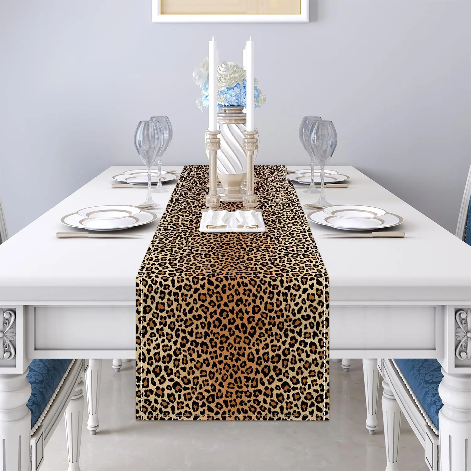 Western Leopard Print Linen Table Runner Holiday Party Decor Reusable Farmhouse Kitchen Dining Table Runner Wedding Decorations