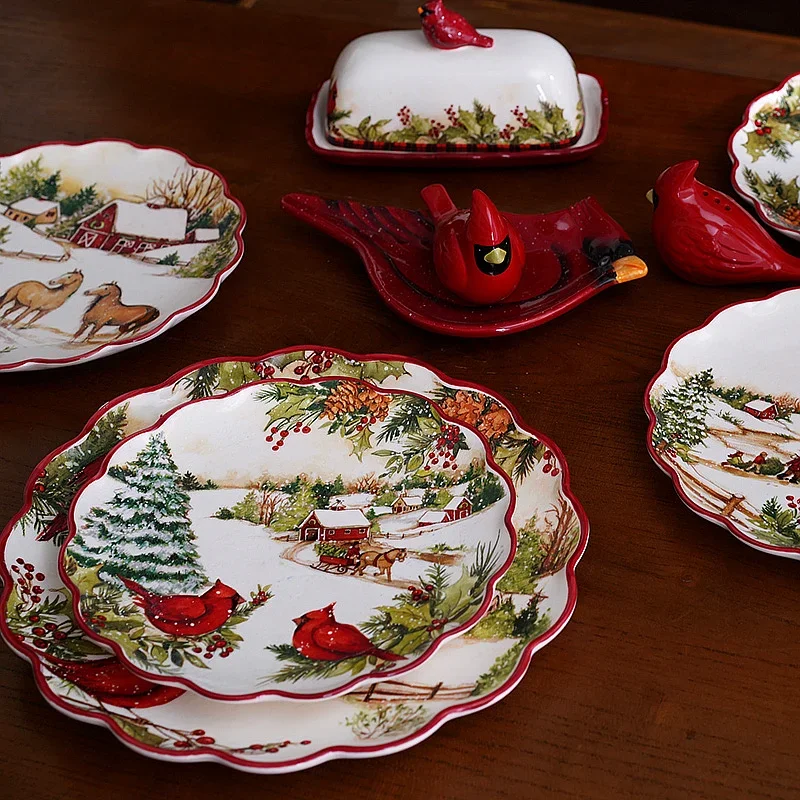 Christmas CeramicTableware Set High Grade Underglaze Colored Western Dining Plate Festival Dinner Party Cutlery Decorative Plate