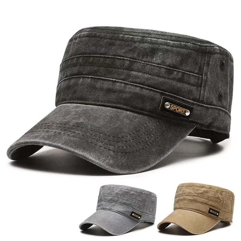 Spring Summer And Autumn Mens New Washable Cotton Flat Top Sun Proof Military Cap