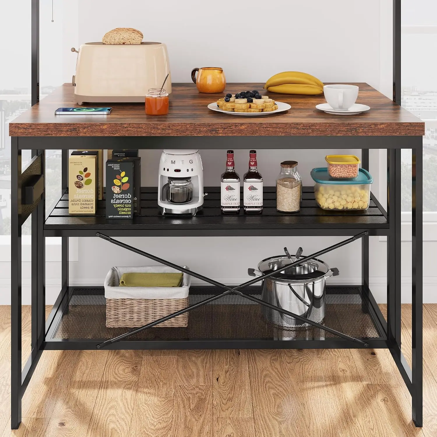 Kitchen Island 47" Storage Power Outlet Bakers Rack Microwave Stand 5 Hooks Industrial Coffee Bar Dining Living Room, Customized image 6