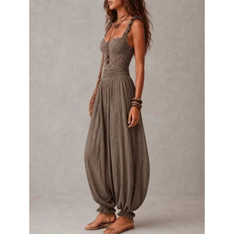 Elegant Lace Patchwork Sleeveless Jumpsuits Women Spaghetti Strap Ruched Wide Leg One Piece Rompers Summer Vacation Boho Clothes