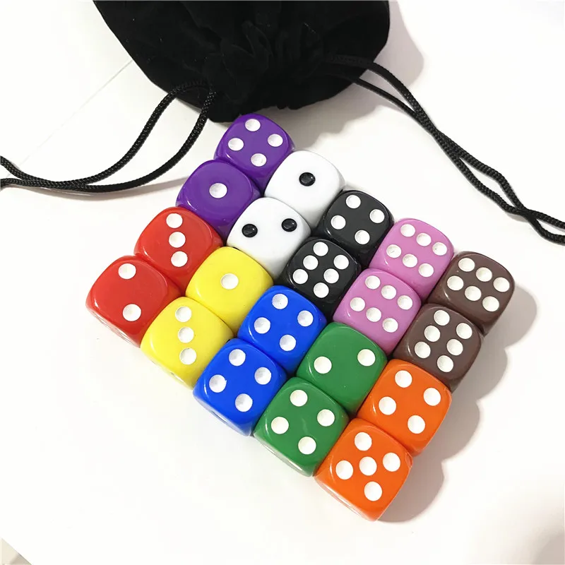 20Pcs with bag 16mm Multi Color Six Sided Spot D6 Playing Games Dice Set Opaque Dice For Bar Pub Club Party Board Game