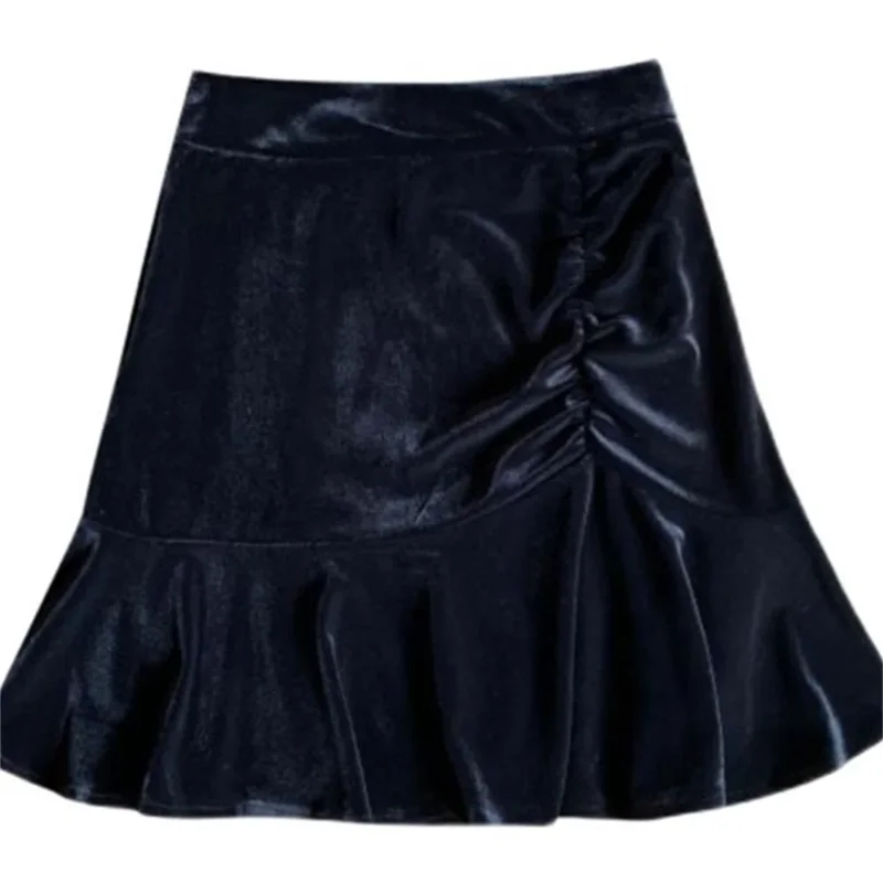 

Модная облегающая короткая юбка-русалка А-силуэта, черная, осенне-зимняя, из золотистого бархата, женская, однотонная, с эластичной высокой талией, оборками и плиссировкой