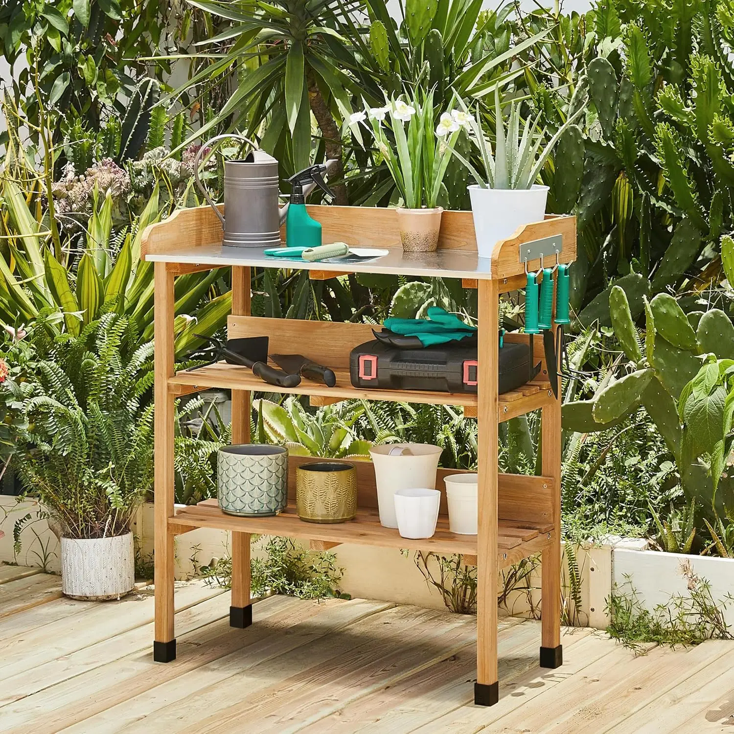 Potting Bench Outdoor Console Table w/3-Tier Storage,Natural Wood, Customized