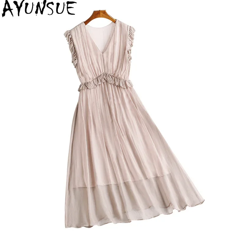 

AYUNSUE 100% Mulberry Silk Dresses 2024 Women Elegant Sleeveless Long Dresses New Summer Dress Slim Fit Womans Clothing 여성여름원피스