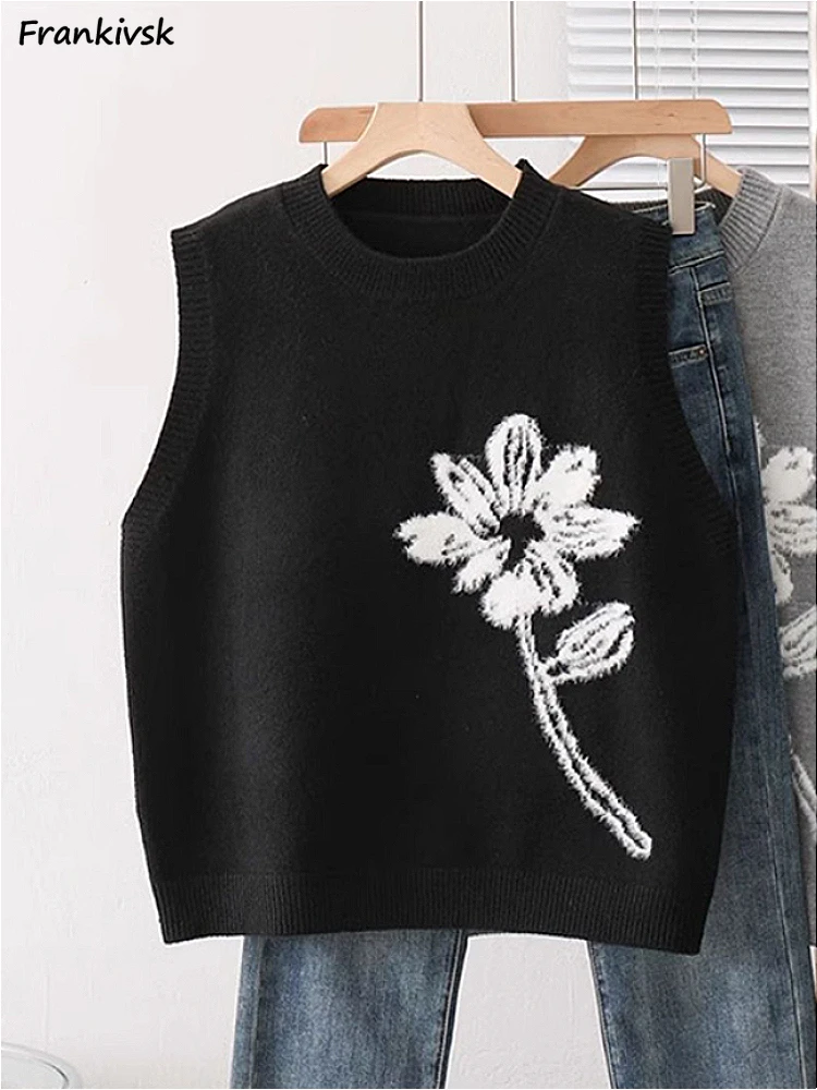 

Sweater Vest Women Daily Basic All-match Autumn Elegant Soft Floral Graphic Sleeveless Round Neck Design New Korean Style Trendy